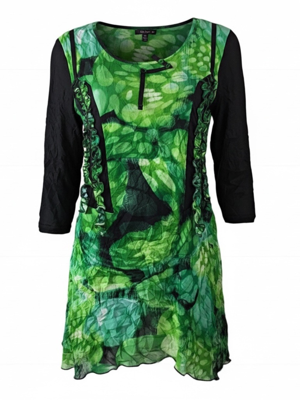 lanalee Green and Black Print Ruffled Tunic Large